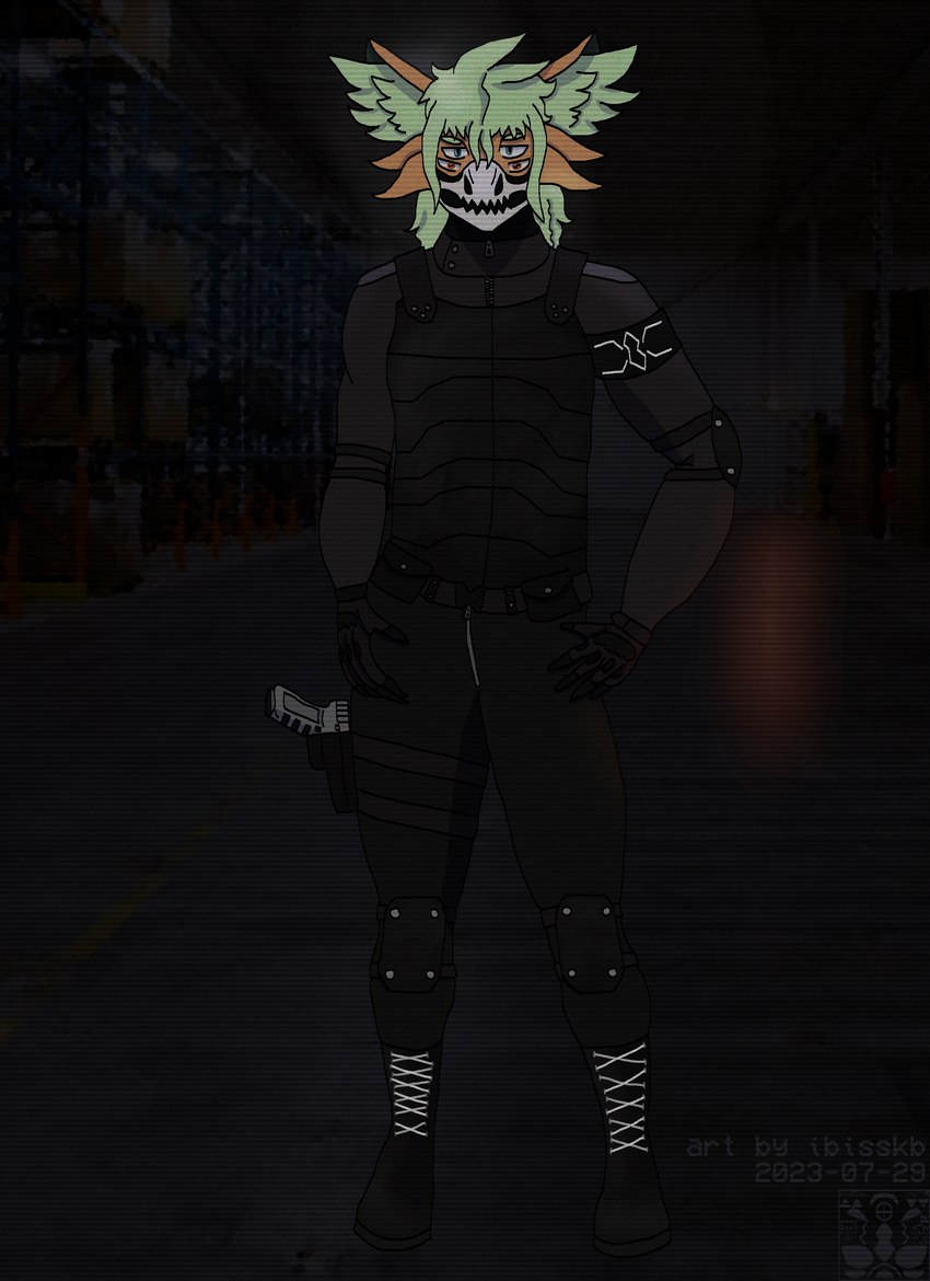 4_eyes anthro arecibo_message armband belt black_clothing blue_eyes boots bottomwear clothed clothing combat_boots darkness emblem face_mask footwear fully_clothed fully_clothed_anthro gloves green_hair gun hair half_mask handgun handwear holster holstered_pistol industrial inner_ear_fluff inside knee_pads light_armor logo male mask military multi_eye operator orange_body orange_eyes orange_skin pants pistol pouch_belt prick_ears ranged_weapon scary shoes skull_mask skull_pattern solo stealth stealth_suit tactical_belt tactical_gear tactical_gloves tuft warehouse weapon wearing_mask zipper zipper_topwear ibisskb glock ibiss alien amphibian axolotl felid feline hybrid mammal marine mole_salamander reptile salamander scalie unknown_species 2023 absurd_res artist_logo dated hi_res watermark