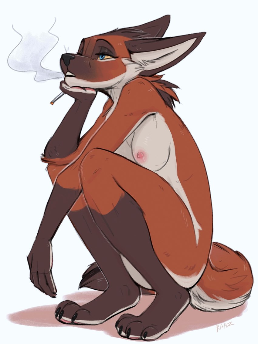 anthro bored breasts cheek_tuft cigarette claws crouching digitigrade dipstick_tail facial_tuft female female_anthro finger_claws gloves_(marking) inner_ear_fluff leg_markings markings medium_breasts narrowed_eyes neck_tuft nipples nude simple_background smoke smoking smoking_cigarette socks_(marking) solo tail tail_markings toe_claws tuft raaz canid canine mammal maned_wolf 2023 colored digital_drawing_(artwork) digital_media_(artwork) hi_res