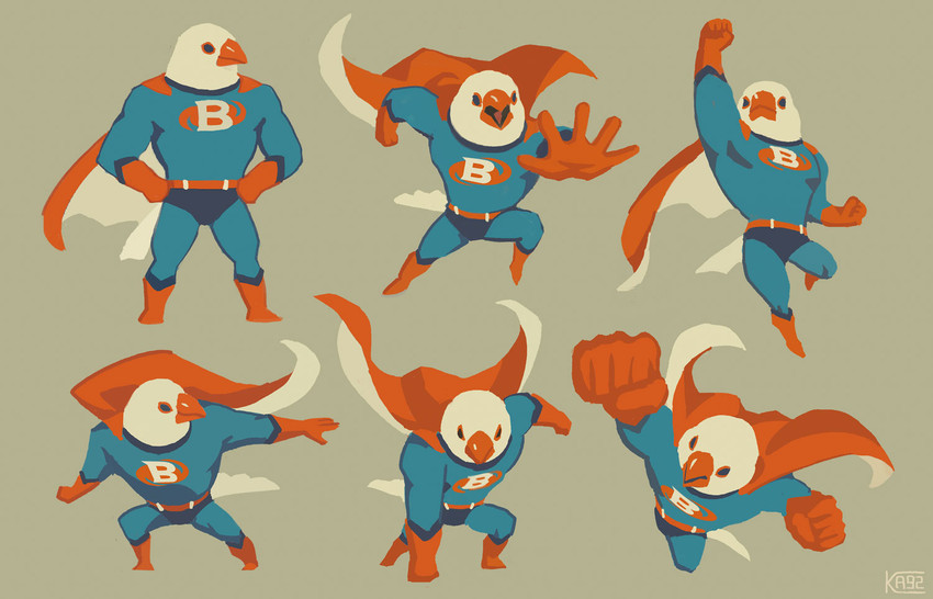 anthro beak blue_clothing cape clothing feathers fist flying hands_on_hips male multiple_poses orange_beak pose simple_background solo standing superhero tan_background white_body white_feathers ka92 avian bird java_sparrow passerine 2020