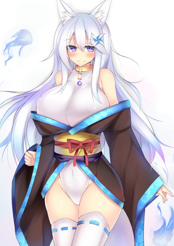 asian_clothing bare_shoulders big_breasts blush breasts clothing collar covered_navel east_asian_clothing female fox_tail grey_hair hair japanese_clothing kimono legwear leotard long_hair looking_at_viewer pose purple_eyes ribbon-trimmed_legwear ribbon_trim simple_background solo thigh_highs tight_clothing white_background white_clothing white_hair white_legwear ktn_kuta kutan mizuki_(kutan) animal_humanoid canid canid_humanoid canine canine_humanoid fox_humanoid humanoid mammal mammal_humanoid 2015 hi_res