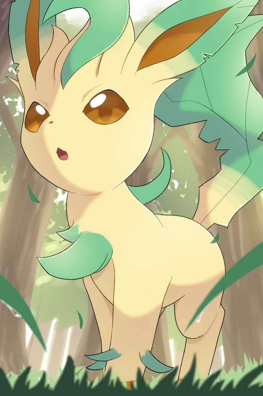 ambiguous_gender feral grass green_ears green_tail multicolored_body open_mouth plant quadruped solo tail tongue yellow_body rumine nintendo pokemon eeveelution generation_4_pokemon leafeon pokemon_(species) 2024 hi_res