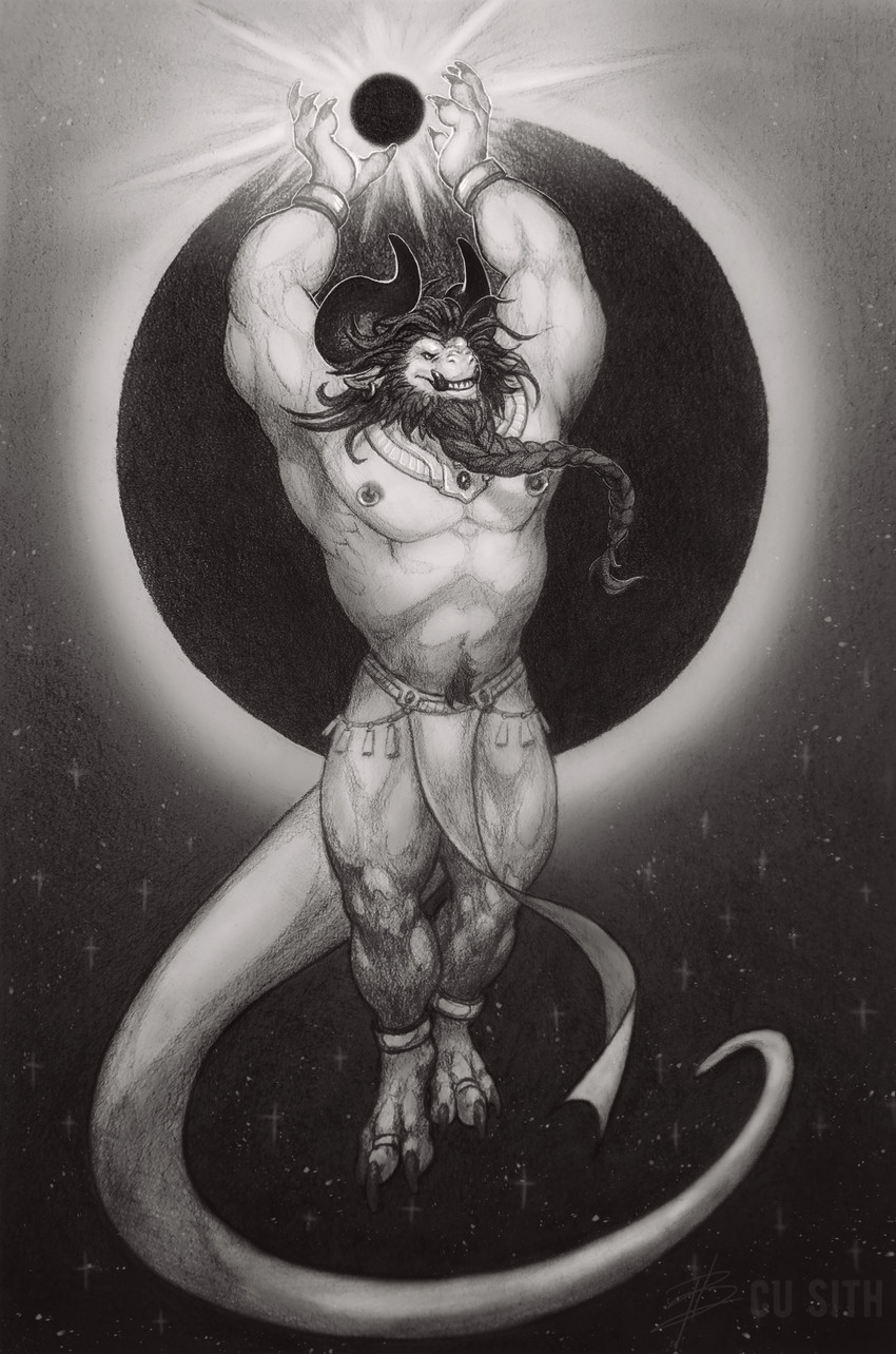 anthro bottomwear clothing eclipse jewelry loincloth male muscular muscular_male sun tail cu_sith_(artist) mythology mammal absurd_res greyscale hi_res monochrome traditional_media_(artwork)