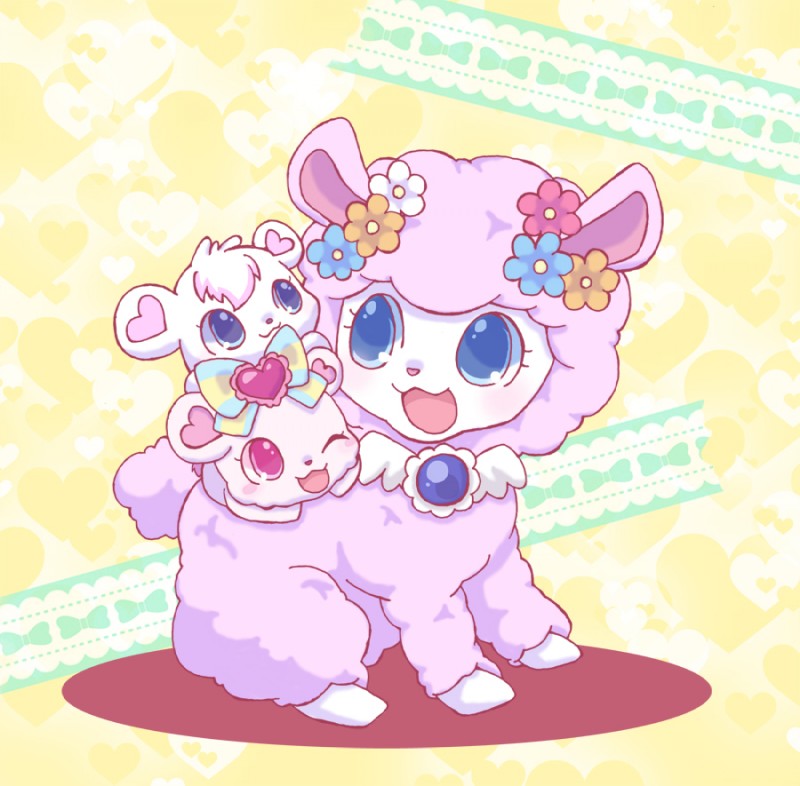 :3 blue_eyes blush eyelashes female feral flower fur gem group hair heart_symbol jewelry one_eye_closed open_mouth pink_body pink_fur plant red_eyes ribbons simple_background white_body white_fur wings wink wool_(fur) young young_feral 084poppo jewelpet sanrio sega sega_fave angela_(jewelpet) labra_(jewelpet) rosa_(jewelpet) alpaca bear brown_bear camelid mammal polar_bear ursine