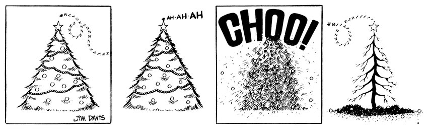 4_panel_comic ambiguous_gender branch christmas_decorations christmas_lights christmas_ornament christmas_star christmas_tree feral flying holidays humor plant simple_background sneeze solo tree wings jim_davis_(artist) christmas gnorm_gnat_(series) jim_davis public_domain arthropod bee hymenopteran insect 1973 20th_century absurd_res ancient_art black_and_white hi_res monochrome