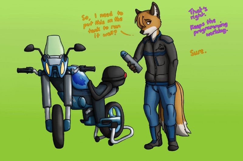 anthro clothing machine male motorcycle simple_background solo text vehicle wheel okami-the-wolf mephis neybulot canid canine fox mammal english_text