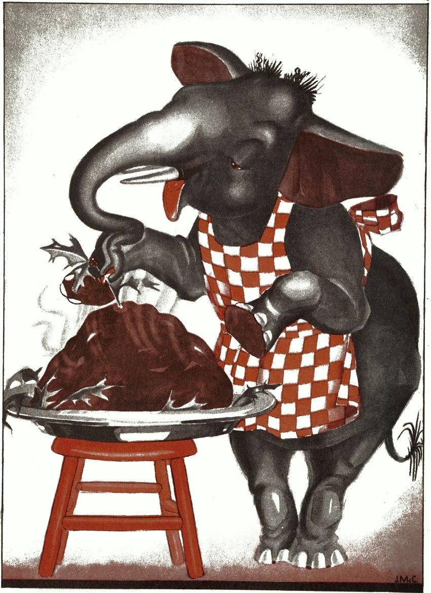 anthro apron apron_only clothing dessert eyes_mostly_closed female flat_chested food furniture grey_body hooves leaning leaning_forward mature_female narrowed_eyes open_mouth plate pudding red_eyes semi-anthro simple_background solo standing stool tail tail_tuft trunk tuft tusks white_background jean_mcconnell little_elephant mother_elephant_(little_elephant) elephant elephantid mammal proboscidean 1938 20th_century absurd_res ancient_art hi_res official_art traditional_media_(artwork)