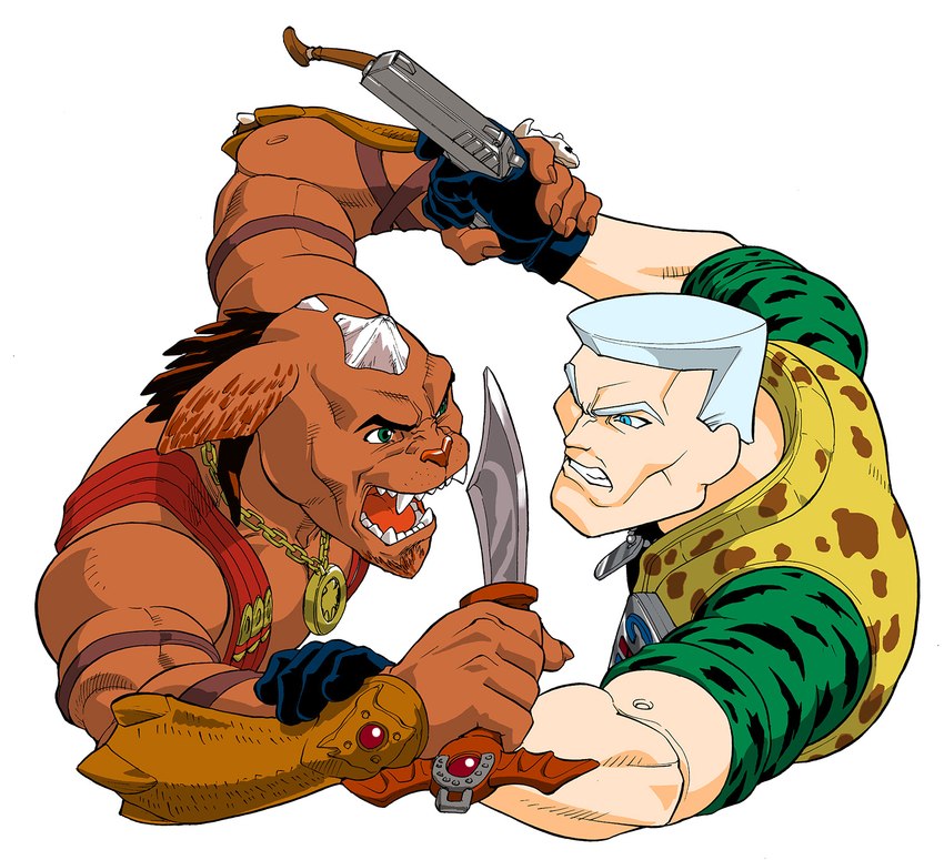 armor blue_eyes brown_body brown_fur clothed clothing crossbow dagger dog_tags duo fangs fight fur gauntlets gloves gorgonites green_eyes gun hair handgun handwear jewelry male melee_weapon military necklace ranged_weapon simple_background soldier teeth vambrace vambrace_(weapon) warrior weapon white_background white_hair wrist_crossbow wrist_weapon ueyamamichiro small_soldiers_(movie) archer_(small_soldiers) chip_hazard_(small_soldiers) alien human mammal trigonian hi_res