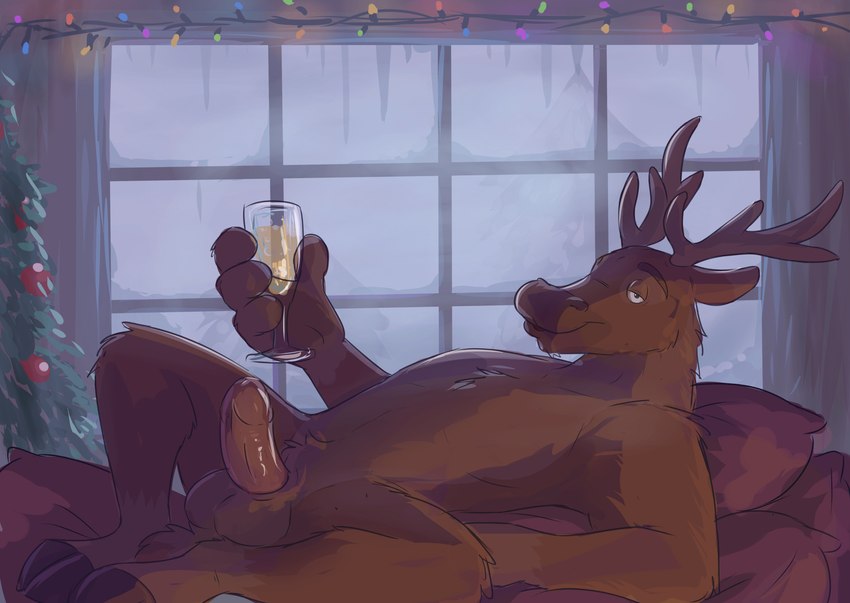 alcohol anther anthro beverage brown_body brown_fur erection fur genitals hooves humanoid_genitalia inviting_to_sex looking_at_viewer lying male nude on_back solo paintfox deer mammal new_world_deer reindeer 2017 absurd_res hi_res