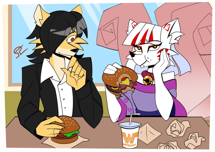 3_tails amused anthro asian_clothing bell bell_collar beverage black_hair blissful brown_eyes burger choker claws clothed clothing collar collared_shirt duo east_asian_clothing eating eating_food female food fur fur_markings hair highlights_(coloring) jacket jewelry male male/female markings multi_tail multicolored_body multicolored_fur necklace restaurant tail texas topwear two_tone_body two_tone_fur white_body white_fur white_hair yellow_body yellow_fur alvh-omega asian_mythology east_asian_mythology mythology whataburger naoko_(alvh-omega) ruben_(djcoyoteguy) canid canine canis coyote fox fox_spirit mammal spirit absurd_res hi_res