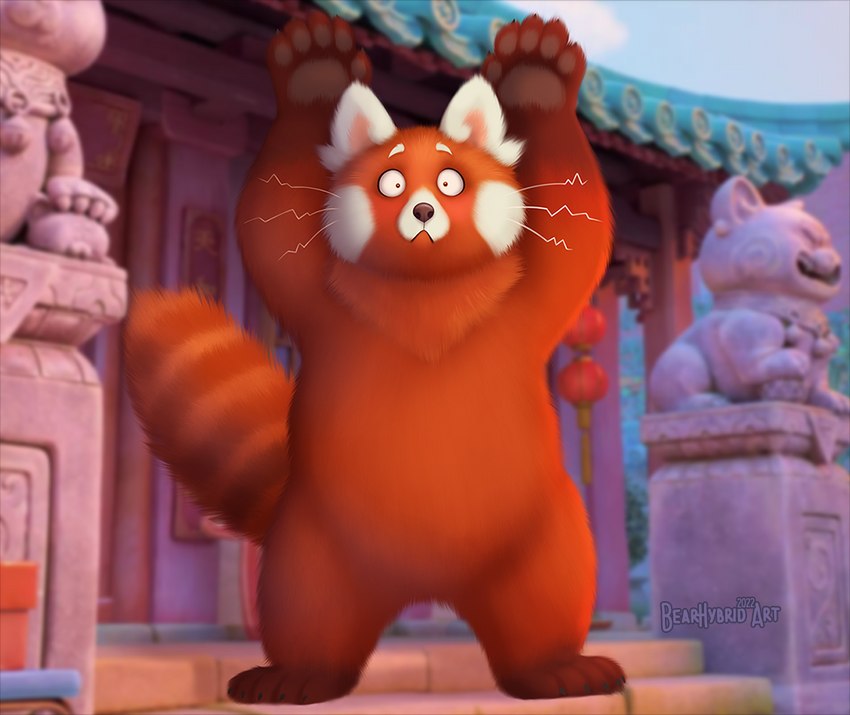 anthro arms_above_head ears_up female fur looking_at_viewer markings mouth_closed nude paws solo standing straight_tail striped_markings striped_tail stripes tail tail_markings whiskers wide_eyed bearhybrid disney pixar turning_red meilin_lee_(turning_red) ailurid mammal red_panda 2022 signature