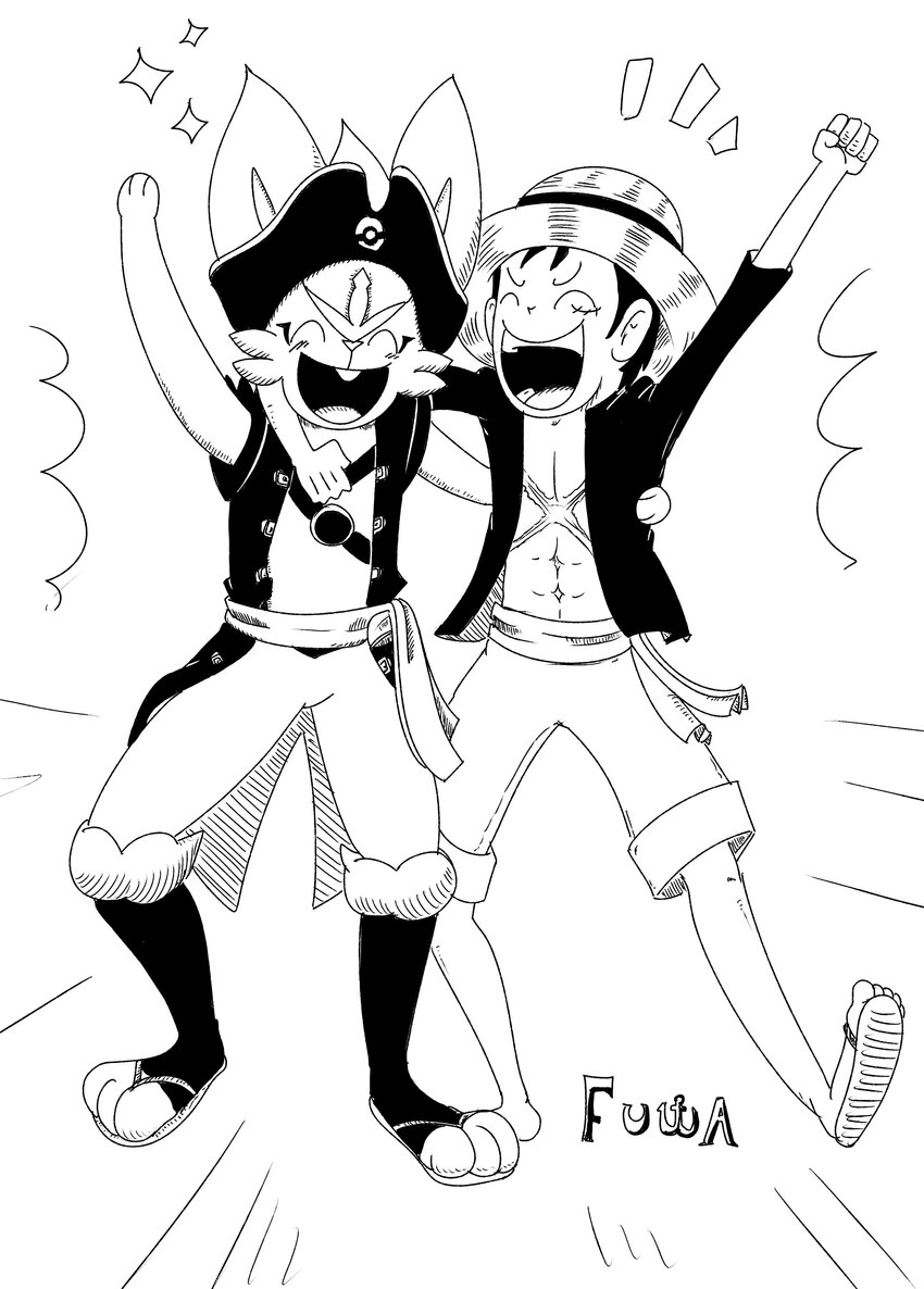 anthro celebration clothing duo eyes_closed footwear happy hat headgear headwear male pirate sandals shoes simple_background mr_fuwa nintendo one_piece pokemon the_one_piece_is_real monkey_d._luffy cinderace generation_8_pokemon lagomorph mammal pokemon_(species) absurd_res hi_res monochrome