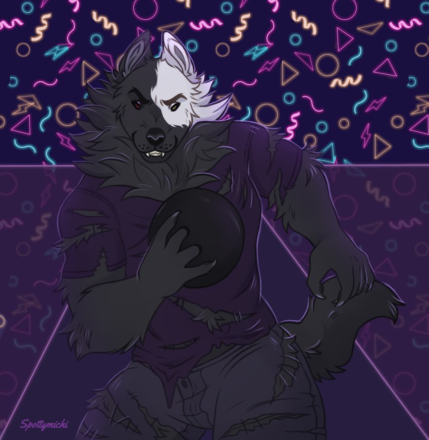 anthro black_body black_fur bowling bowling_ball clothing fur heterochromia male solo teeth torn_clothing white_body white_fur spottymichi mythology azki_(azki_wolf) canid canine canis mammal mythological_canine mythological_creature werecanid werecanine werecreature werewolf wolf absurd_res hi_res