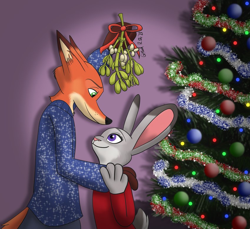 anthro biped blue_clothing blue_sweater blue_topwear christmas_tree clothed clothing duo female female_anthro green_eyes holidays male male/female male_anthro mistletoe plant purple_eyes red_clothing red_sweater red_topwear smile sparkles sparkling_clothing sweater topwear tree conditional_dnp giftheck christmas disney zootopia judy_hopps nick_wilde canid canine european_rabbit fox lagomorph leporid mammal oryctolagus rabbit red_fox true_fox hi_res