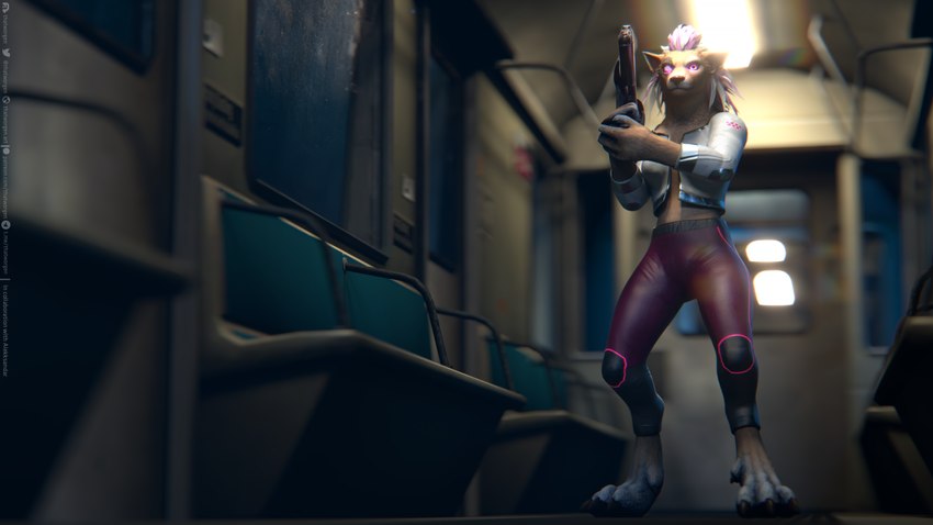 3_toes 4_fingers anthro bionic_eye bionics black_nose bottomwear clothed clothing cybernetic_eye cybernetics dewclaw digitigrade feet female fingers fur futuristic gun hair handgun holding_object holding_weapon inside inside_train jacket machine pants pink_eyes pink_hair pistol ranged_weapon solo subway tan_body tan_fur text toes topwear train vehicle weapon white_body white_fur white_hair alekksandar conditional_dnp thatworgen blizzard_entertainment warcraft canid mammal werecanid werecreature worgen 16:9 2021 3d_(artwork) 4k absurd_res autodesk_3ds_max_(artwork) digital_media_(artwork) hi_res url watermark widescreen