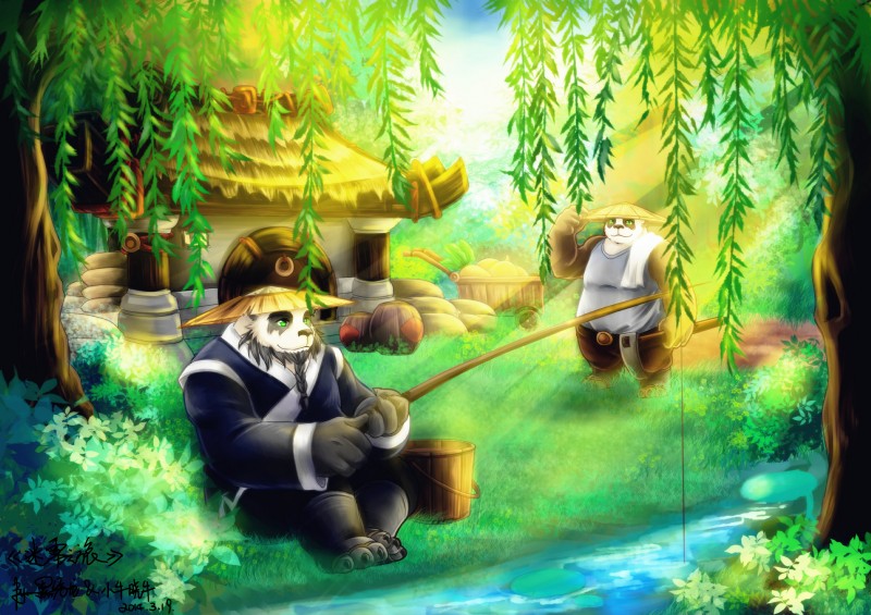 anthro clothing detailed_background duo fishing hat headgear headwear male outside overweight overweight_male shirt sitting topwear towel water warlocknyan blizzard_entertainment warcraft bear mammal pandaren 2014 absurd_res hi_res