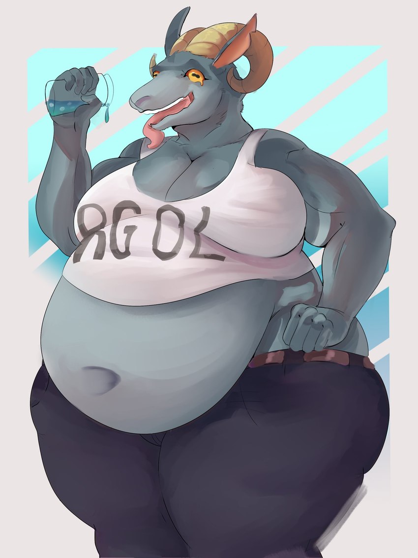 anthro belly belt beverage big_belly big_breasts bottomwear breasts clothing crop_top deep_navel denim denim_bottomwear denim_clothing female fur grey_body grey_fur horizontal_pupils horn huge_belly huge_breasts jeans love_handles navel obese obese_anthro obese_female overweight overweight_anthro overweight_female pants pupils shield_potion shirt solo text text_on_clothing text_on_topwear thick_thighs tongue tongue_out topwear weight_gain yellow_eyes tubutiiii coffee_stain_studios epic_games fortnite goat_simulator pilgor_(goat_simulator) bovid caprine goat mammal 3:4 hi_res