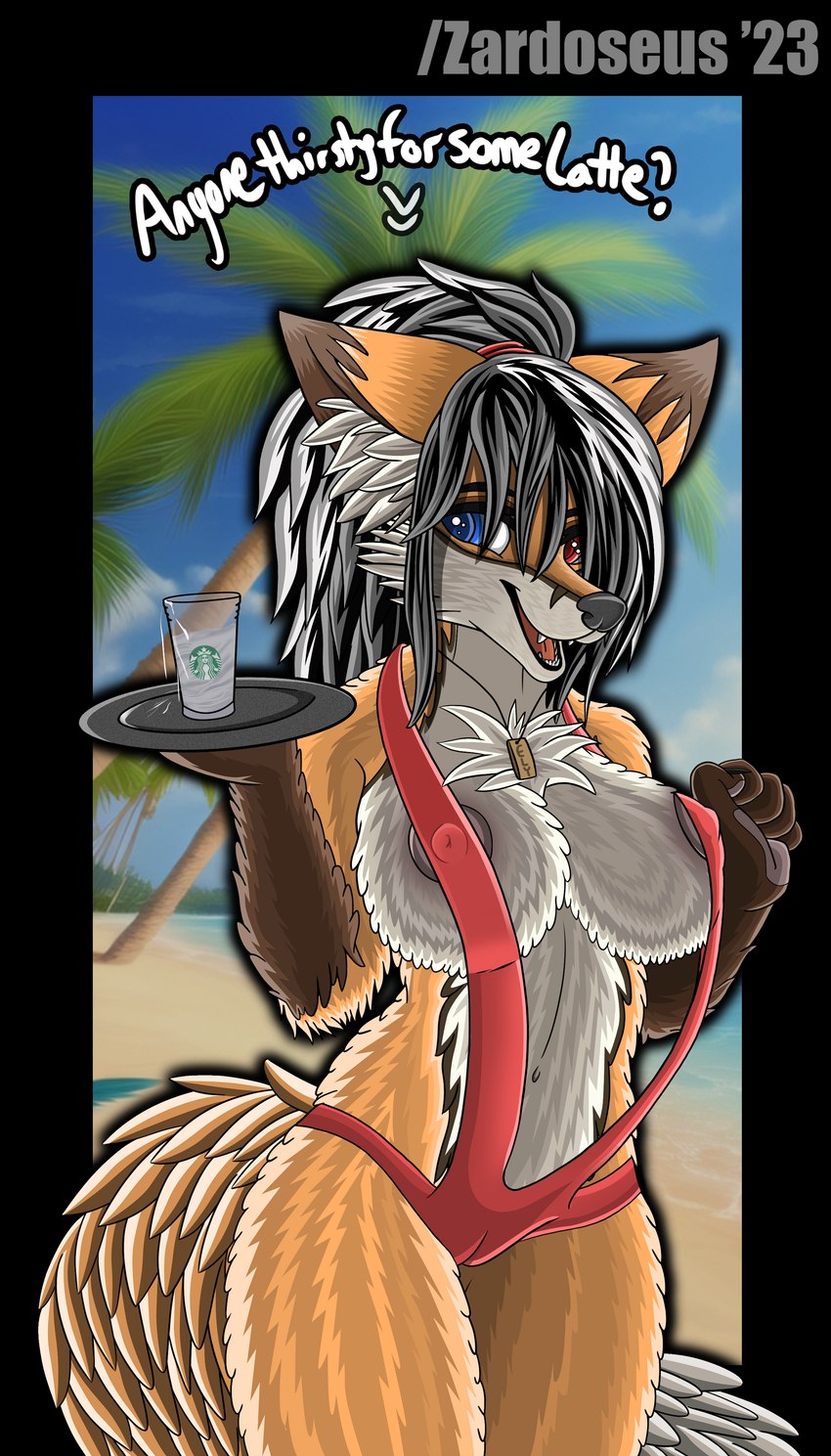 anthro areola beach beverage big_breasts bikini black_hair breasts camel_toe claws clothed clothing container cup female fluffy fluffy_tail fur hair heterochromia holding_container holding_cup holding_object huge_breasts jewelry milk necklace nipples open_mouth outside palm_tree plant red_eyes seaside sky smile solo swimwear tail text thick_thighs tray tree tuft two-piece_swimsuit water white_body white_fur white_hair wide_hips zardoseus i_mean_breast_milk starbucks elizabeth_fox canid canine fox mammal absurd_res digital_media_(artwork) english_text hi_res meme shaded