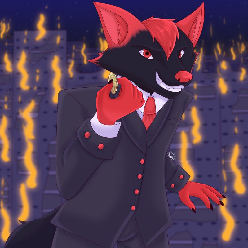 anthro biped black_body black_fur bottomwear burning_building cheek_tuft classy claws clothed clothing coin detailed_background evil_grin facial_tuft fire fully_clothed fur hair inner_ear_fluff jacket looking_at_viewer male multicolored_body multicolored_fur necktie night pants red_body red_eyes red_fur red_hair red_nose shirt short_hair sky smile solo star starry_sky suit topwear tuft two_tone_body two_tone_fur damian5320 aero_(aero-foxy) canid canine fox mammal 1:1 absurd_res hi_res signature