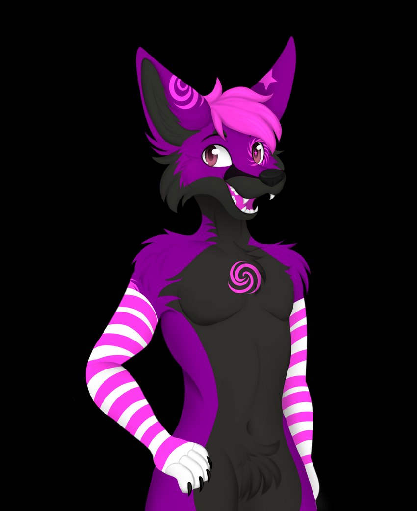 anthro arm_tuft arm_warmers armwear biped black_body black_fur cheek_tuft claws clothing crotch_tuft eyebrows facial_tuft femboy finger_claws front_view fur hair hand_on_hip male markings navel nebula nude open_mouth open_smile pattern_armwear pattern_clothing pink_hair pink_stripes pubes purple_body purple_fur shoulder_tuft simple_background smile solo spiral_markings star star_(marking) star_eye striped_arms striped_armwear striped_clothing stripes teeth three-quarter_view transparent_background tuft white_stripes helensan canid canine fox mammal alpha_channel digital_media_(artwork) half-length_portrait hi_res portrait shaded