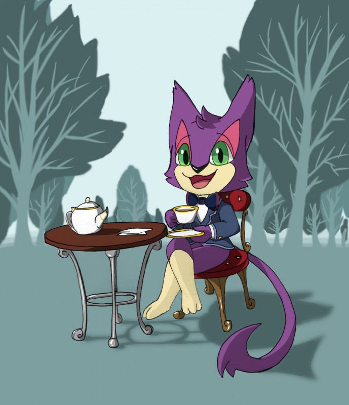 beverage forest green_eyes looking_at_viewer open_mouth plant solo tea teapot tree oscar_the_purrloin nintendo pokemon oscar_(purrloin) generation_5_pokemon pokemon_(species) purrloin 2014 absurd_res hi_res