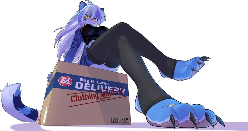 accessory amber_eyes anthro black_clothing black_legwear black_stockings blue_body blue_fur blue_hair box buy_n'_large cardboard cardboard_box claws clothing container crossed_legs ear_piercing female fur hair hair_accessory hairclip legwear long_hair looking_at_viewer low-angle_view open_toe_stockings piercing pupils sitting slit_pupils solo stockings striped_body striped_fur stripes strips white_clothing white_hair white_legwear worm's-eye_view moviescofield margit_upfarvis_(grimsound99) felid mammal pantherine tiger hi_res