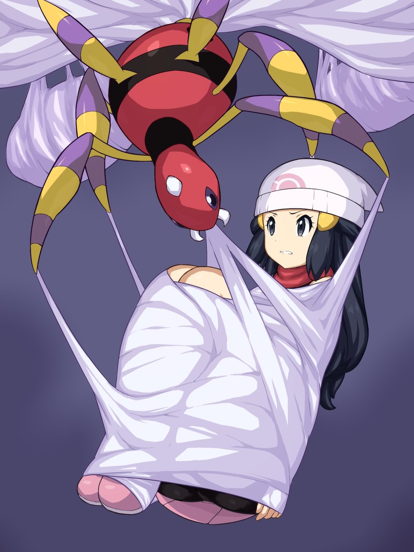 ambiguous_gender arthropod_webbing beanie black_eyes black_hair bound breasts clothing female hair hat headgear headwear horn multi_limb red_body red_scarf restrained restrained_arms restrained_legs restraints scarf spider_web web_bondage white_beanie white_clothing white_hat white_headwear okra_sticky nintendo pokemon dawn_(pokemon) arachnid ariados arthropod generation_2_pokemon human insect mammal pokemon_(species) spider 3:4 hi_res