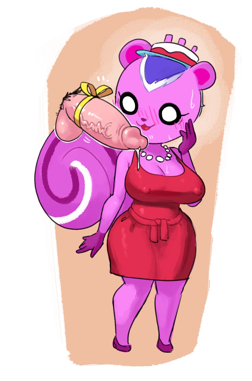 anthro big_breasts big_penis blush bodily_fluids breasts clothed clothing dark_sclera dress duo erect_nipples female fur genital_fluids genitals male male/female nipples penis pink_body pink_fur precum smile solo squirrel_tail thick_thighs minus8 animal_crossing nintendo peanut_(animal_crossing) human mammal rodent sciurid tree_squirrel 2023 hi_res