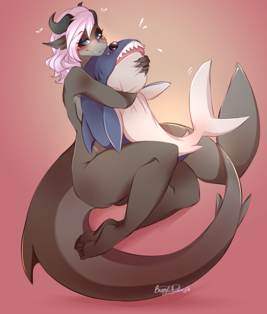 5_toes anthro feet female hair heart_symbol holding_object holding_plushie horn looking_at_viewer nude plushie simple_background smile solo tail toes white_hair bunnywhiskerz ikea blahaj nesserris fish marine shark 2021 digital_media_(artwork) shaded