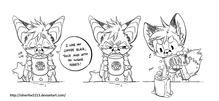 annoyed anthro beverage clothed clothing coffee creamer dialogue drinking duo fangs fur hair lapping logo male musical_note musical_symbol pouring speech_bubble star_(shape) sugar sugar_cube symbol teeth text silverfox5213 comet_(silverfox5213) silverfox5213_(character) bat canid canine fox mammal red_fox true_fox 2016 black_and_white comic english_text monochrome url