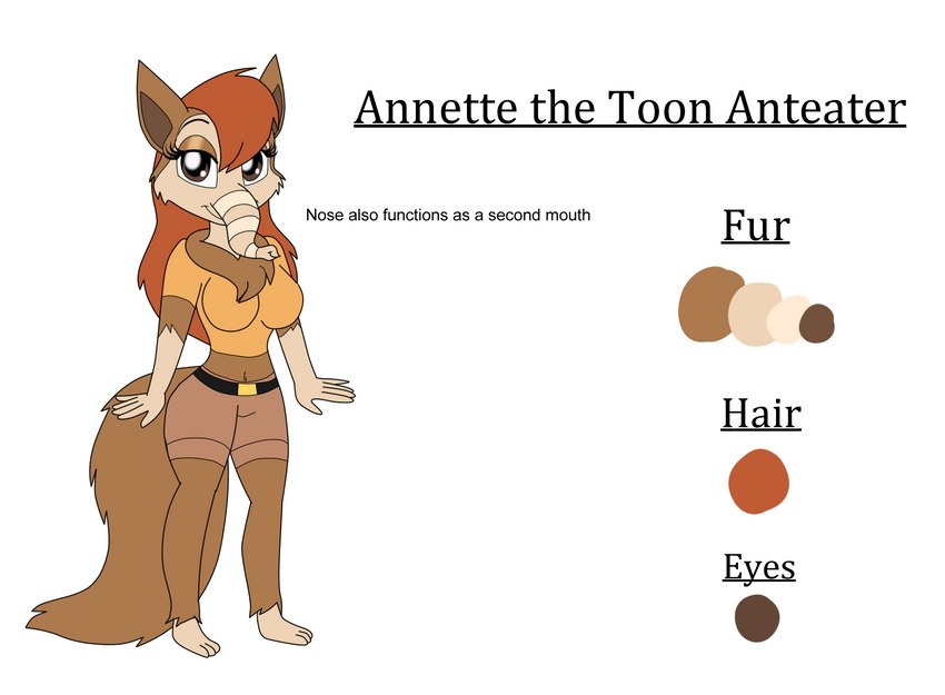 2_mouths anthro brown_body brown_eyes brown_fur female fluffy fluffy_tail fur hair multi_mouth red_hair snout solo tail text kendratheshinyeevee annette_(kendraeevee) anteater mammal pilosan xenarthran english_text hi_res model_sheet