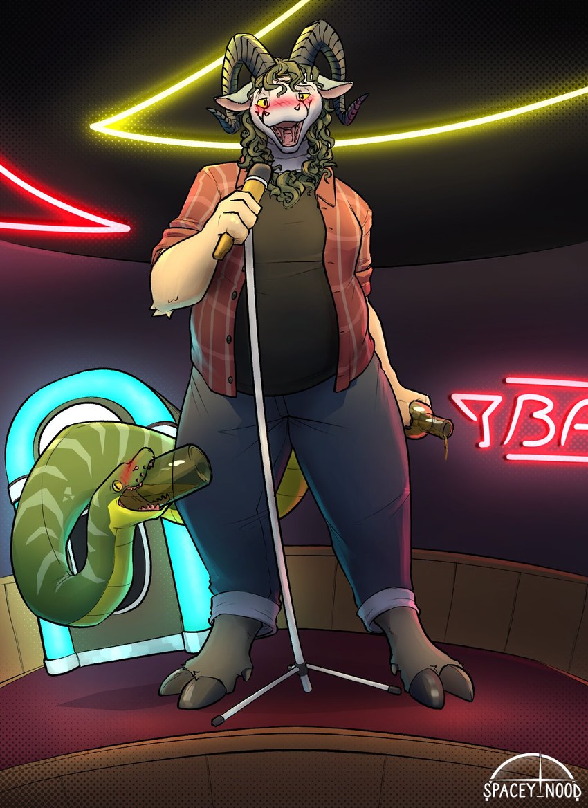 alcohol alcohol_bottle anthro bar beverage blush bottle clothed clothing container drunk electronics female fur holding_object hooves horn inside jukebox karaoke living_tail looking_at_viewer mane microphone neon_lights open_mouth scales scent_gland snake_tail solo standing substance_intoxication tail unhinged_jaw unusual_anatomy unusual_tail yellow_eyes spacey_nood bovid caprine chimera goat mammal reptile scalie snake hi_res signature