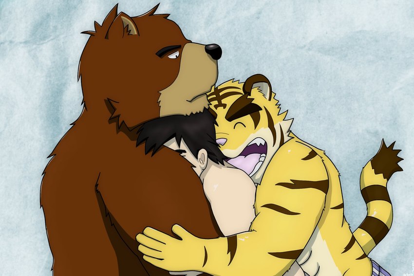 abs anthro black_hair brown_body brown_fur clothed clothing cuddling fur group hair holding_partner hug human_on_anthro interspecies larger_anthro larger_male male male/male multicolored_body multicolored_fur muscular muscular_anthro muscular_male open_mouth size_difference smaller_human smaller_male striped_body striped_fur stripes topless topless_male trio underwear underwear_only white_body white_fur yellow_body yellow_fur goofq_sumato morenatsu hiroyuki_(morenatsu) juuichi_mikazuki torahiko_(morenatsu) bear felid human mammal pantherine tiger hi_res