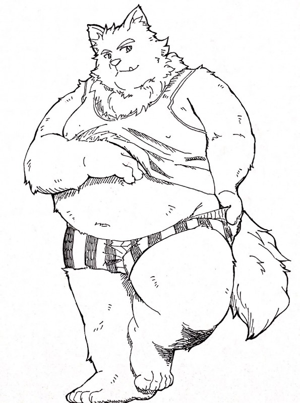 5_toes anthro belly boxers_(clothing) clothing cute_fangs fangs feet humanoid_hands kemono male navel overweight overweight_anthro overweight_male pattern_clothing pattern_underwear shirt simple_background solo striped_clothing striped_underwear stripes teeth toes topwear underwear white_background rentcg mammal 2018 hi_res