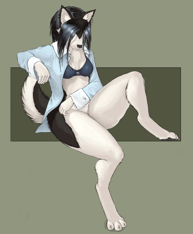 anthro biped black_hair bottomless bra chest_tuft clothed clothing ear_piercing ear_ring female fur fuzz hair open_clothing open_shirt open_topwear piercing ring_piercing shadowed_eyes shirt sitting solo tail thick_thighs topwear tuft underwear pira fuzzhusky canid canine canis domestic_dog husky mammal nordic_sled_dog spitz hi_res