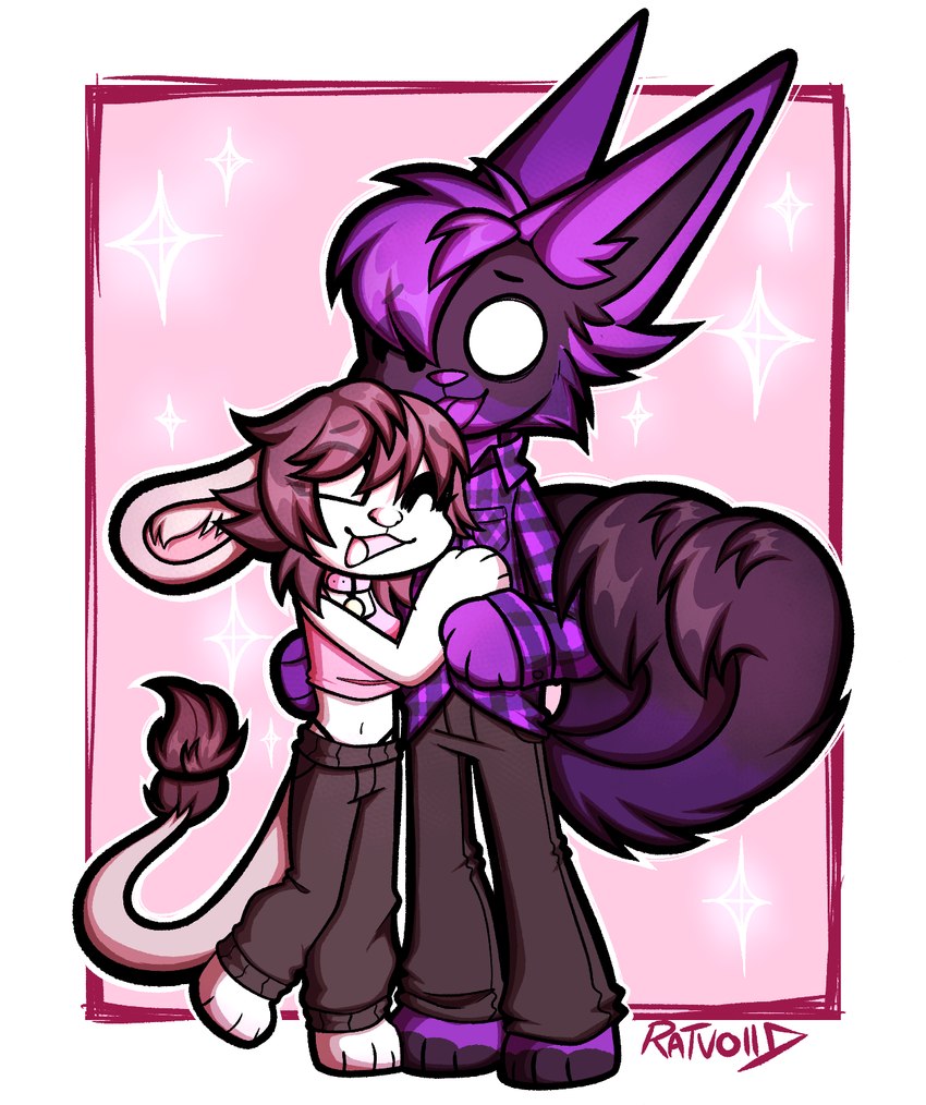 anthro black_hair collar duo female fur hair hug kyuulin male midriff purple_body purple_fur purple_hair size_difference white_body white_fur ratvoiid astaroth_(seriouslynottom) hope_(tinycatskye) ottaroo hi_res