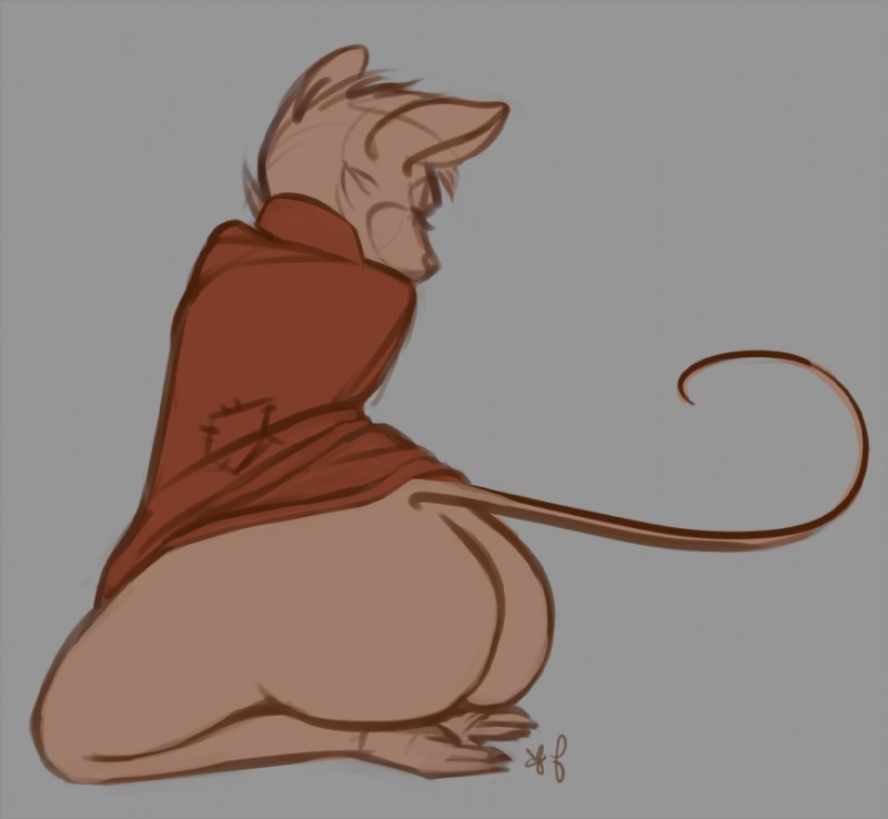 anthro big_butt biped bottomless brown_body brown_fur butt cape cape_only clothed clothing female fur grey_background kneeling looking_away mostly_nude presenting presenting_hindquarters rear_view simple_background solo fralea don_bluth the_secret_of_nimh mrs._brisby mammal mouse murid murine rodent wood_mouse 2015