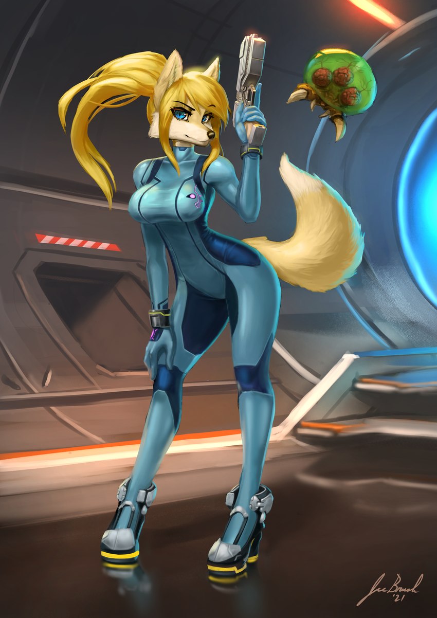 alternate_species anthro anthrofied arched_back bent_arm blaster blonde_hair blue_bodysuit blue_clothing blue_skinsuit bodysuit breasts clothing duo extended_arm female footwear fur furrification futuristic gun hair hand_on_knee hand_on_leg hand_on_own_knee hand_on_own_leg hand_on_own_thigh hand_on_thigh head_turned high_heels holding_knee holding_leg holding_object holding_thigh holding_weapon latex latex_clothing latex_skinsuit leaning leaning_forward leaning_on_self left-handed light looking_at_viewer pose raised_arm raised_hand ranged_weapon rubber_clothing science_fiction shoes skinsuit straight_legs teeth tight_clothing translucent translucent_body weapon zero_suit jecbrush metroid nintendo fox_samus_aran samus_aran alien canid canine fox mammal metroid_(species) absurd_res digital_media_(artwork) digital_painting_(artwork) hi_res lighting painting_(artwork) pinup signature smaller_version_at_source