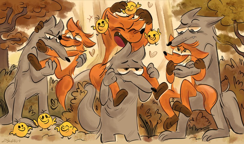 anthro black_nose claws female finger_claws forest fur gloves_(marking) grey_body grey_fur grey_tail group heart_symbol holding_character hug leg_markings male male/male markings orange_body orange_fur orange_tail plant semi-anthro socks_(marking) standing tail tree zisudra the_big_bad_fox_and_other_tales alex_(the_big_bad_fox_and_other_tales) evan_(the_big_bad_fox_and_other_tales) fox_(the_big_bad_fox_and_other_tales) paula_(the_big_bad_fox_and_other_tales) wolf_(the_big_bad_fox_and_other_tales) avian bird canid canine canis chicken fox galliform gallus_(genus) mammal phasianid wolf 2024 absurd_res hi_res signature