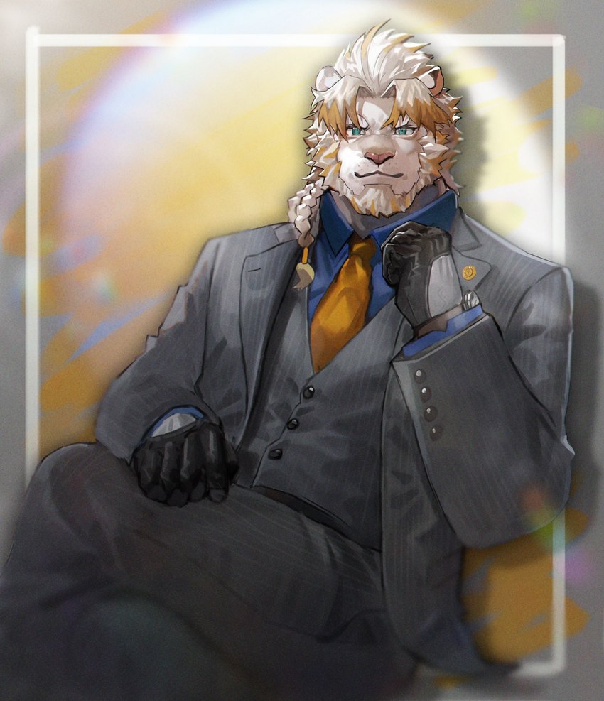 anthro blonde_hair blue_eyes clothing crossed_legs fur gloves hair handwear male necktie pinstripe_clothing pinstripe_pants pinstripe_suit solo suit topwear vest white_body white_fur neumokun lifewonders live_a_hero astosis felid lion mammal pantherine hi_res