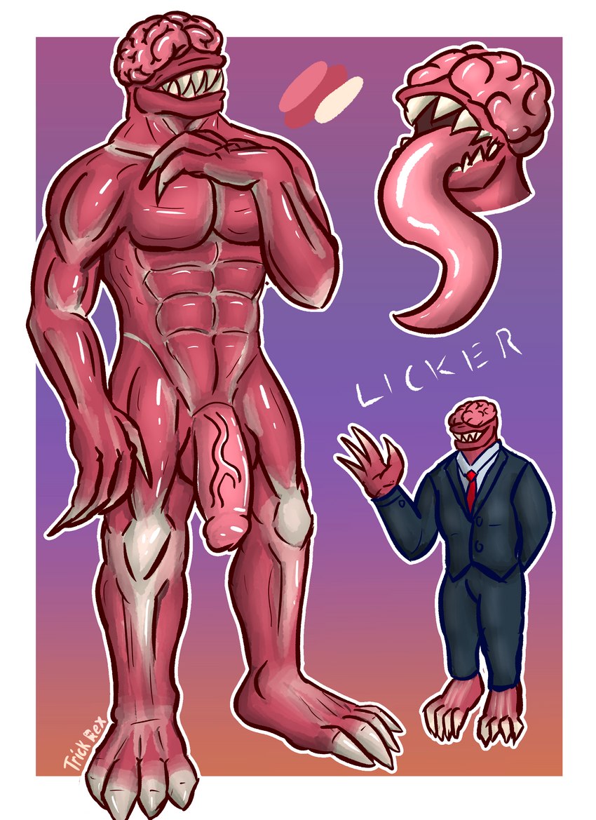 abs balls big_balls black_tie_(suit) brain claws clothing exposed_muscle feet finger_claws genitals gesture group lean_muscle long_penis long_tongue male male/male muscular nerves nude organs penis quadriceps sharp_teeth simple_background smile suit teeth toe_claws tongue tongue_out vein veiny_muscles veiny_penis waving trick_rex capcom resident_evil bow_experiment_(resident_evil) humanoid licker_(resident_evil) monster t-virus_mutant_(resident_evil) undead zombie absurd_res hi_res