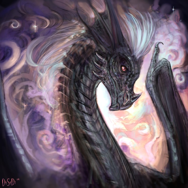 ambiguous_gender hair horn iridescent iridescent_scales membrane_(anatomy) membranous_wings painting pupils red_eyes scales slit_pupils solo sparkles wings gasmask_(artist) mythology dragon mythological_creature mythological_scalie scalie 1:1 digital_media_(artwork)