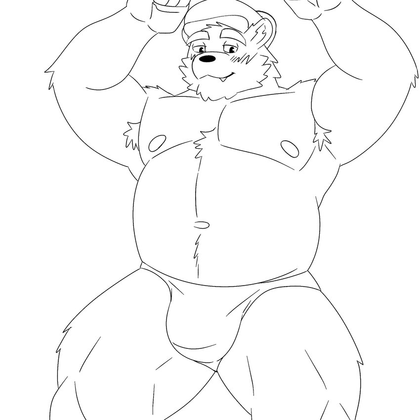 anthro armpit_hair belly biceps blush body_hair bulge clothed clothing elderly fur hairy hat headgear headwear male muscular nipples overweight overweight_male raised_arm shy slightly_chubby solo topless underwear vaggo nintendo warioware polario_(warioware) bear mammal polar_bear ursine 1:1 hi_res monochrome