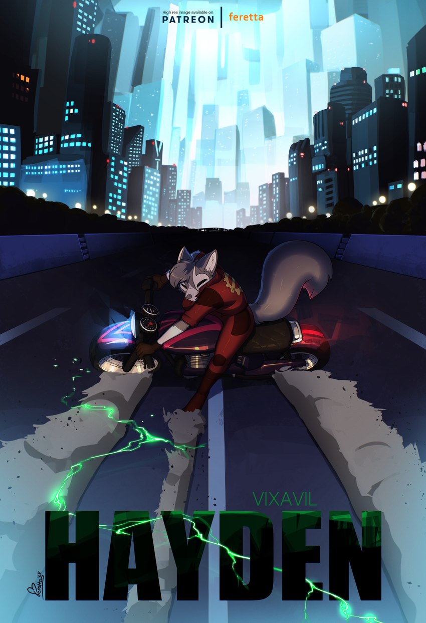 action_scene biker_jacket city cityscape clothing debris effects electricity eyes_closed female fur gloves grey_body grey_fur handwear highway lightning motorcycle poster road smile smoke vehicle feretta akira_slide vixavil_hayden canid canine fox mammal red_fox silver_fox true_fox hi_res