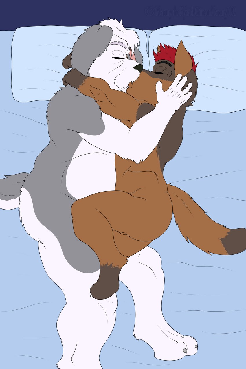 age_difference anthro bed bedroom cuddling duo french_kissing furniture hug kiss_on_lips kissing male male/male musclegut muscular nude older_male professor student teacher teacher_and_student younger_male crimsonmercury7192 overzen_(characters) ash_cinder barnaby_(overzen) canid canine canis coyote coywolf domestic_dog herding_dog hybrid mammal old_english_sheepdog pastoral_dog sheepdog wolf 2:3 absurd_res hi_res story story_in_description