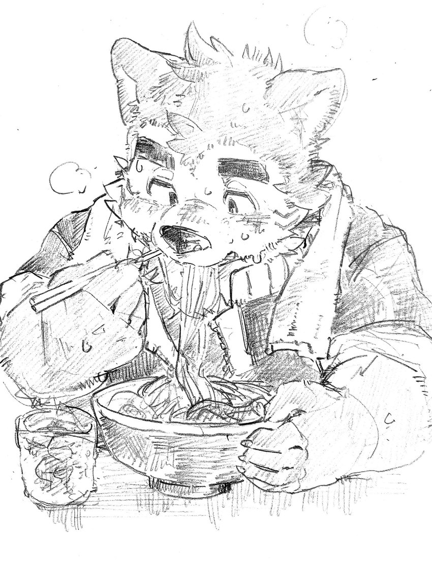 anthro beverage bowl chopsticks container eating eyebrows food male noodles ramen solo thick_eyebrows towel zimsanada2 lifewonders live_a_hero mokdai canid canine canis domestic_dog mammal hi_res monochrome sketch