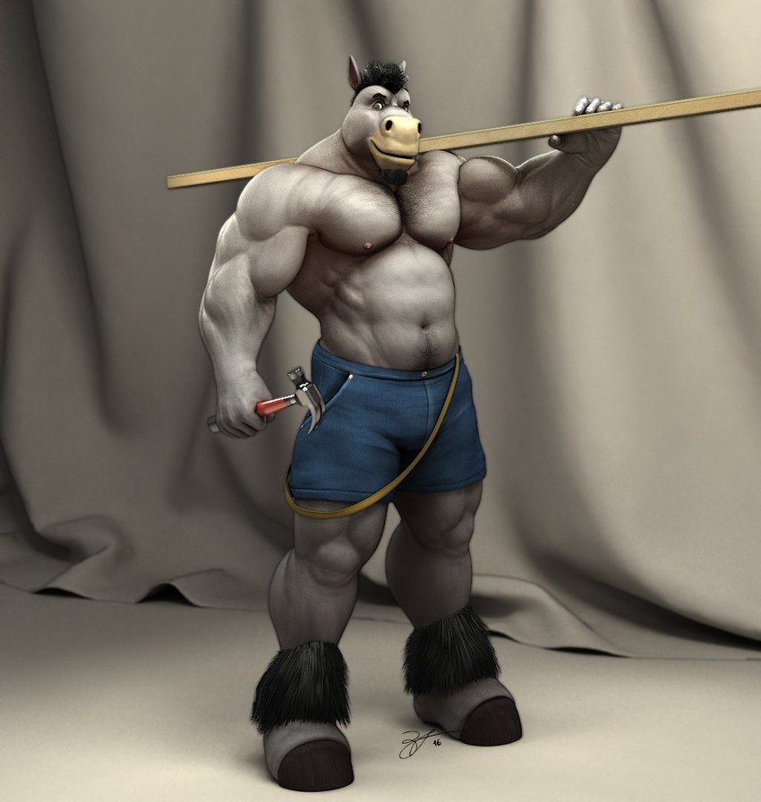 abs anthro barefoot biceps black_hair blue_bottomwear blue_clothing blue_shorts body_hair bottomwear chest_hair clothing curtains deltoids facial_hair feet fur goatee grey_body grey_fur hair hammer holding_hammer holding_object holding_plank holding_tool hooves leg_tuft looking_at_viewer male musclegut muscular navel nipples object_on_shoulder obliques pecs pubes shorts solo standing tools triceps tuft wood braford simon_(braford) equid equine horse mammal 2016 3d_(artwork) dated digital_media_(artwork) signature