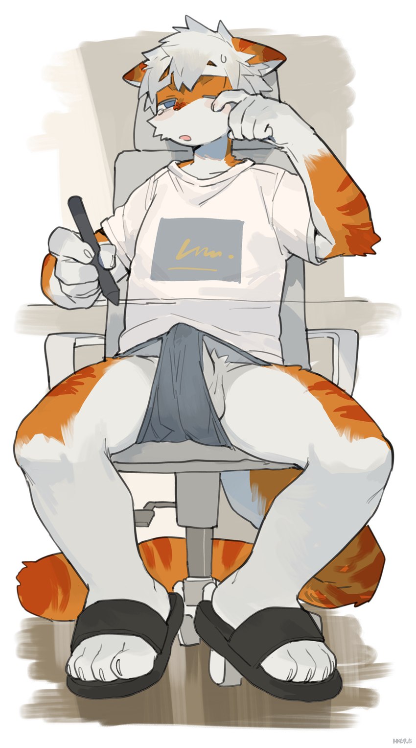 adolescent anthro balls blue_eyes clothing erection erection_under_clothing eyebrows fingers fur genitals hair holding_object holding_pen kemono male orange_body orange_fur pen sitting solo striped_body striped_fur stripes tail white_body white_fur young milkybot hu_ku_li_(milkybot) domestic_cat felid feline felis mammal hi_res