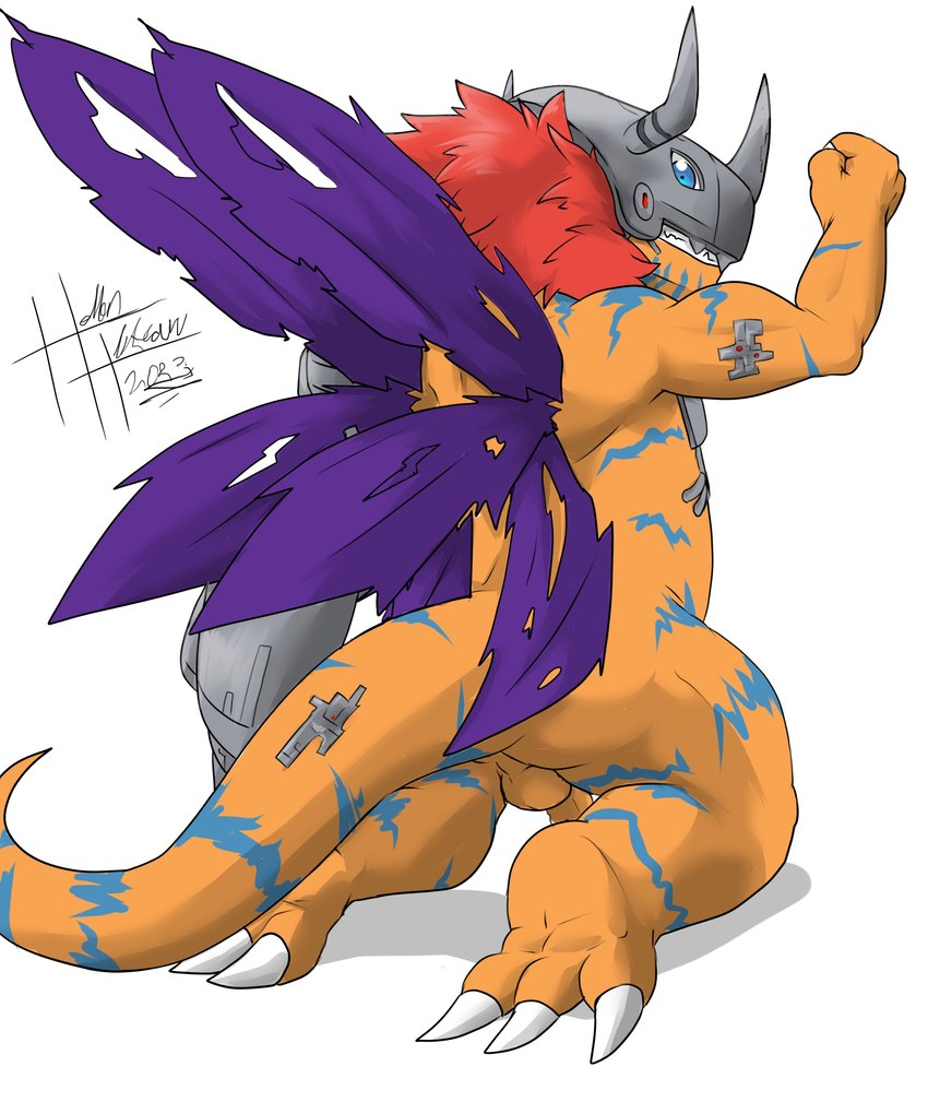 anthro balls biceps butt cybernetics flexing genitals machine male muscular muscular_anthro muscular_male orange_body penis solo heibanhikaru bandai_namco digimon cyborg digimon_(species) metalgreymon scalie absurd_res hi_res