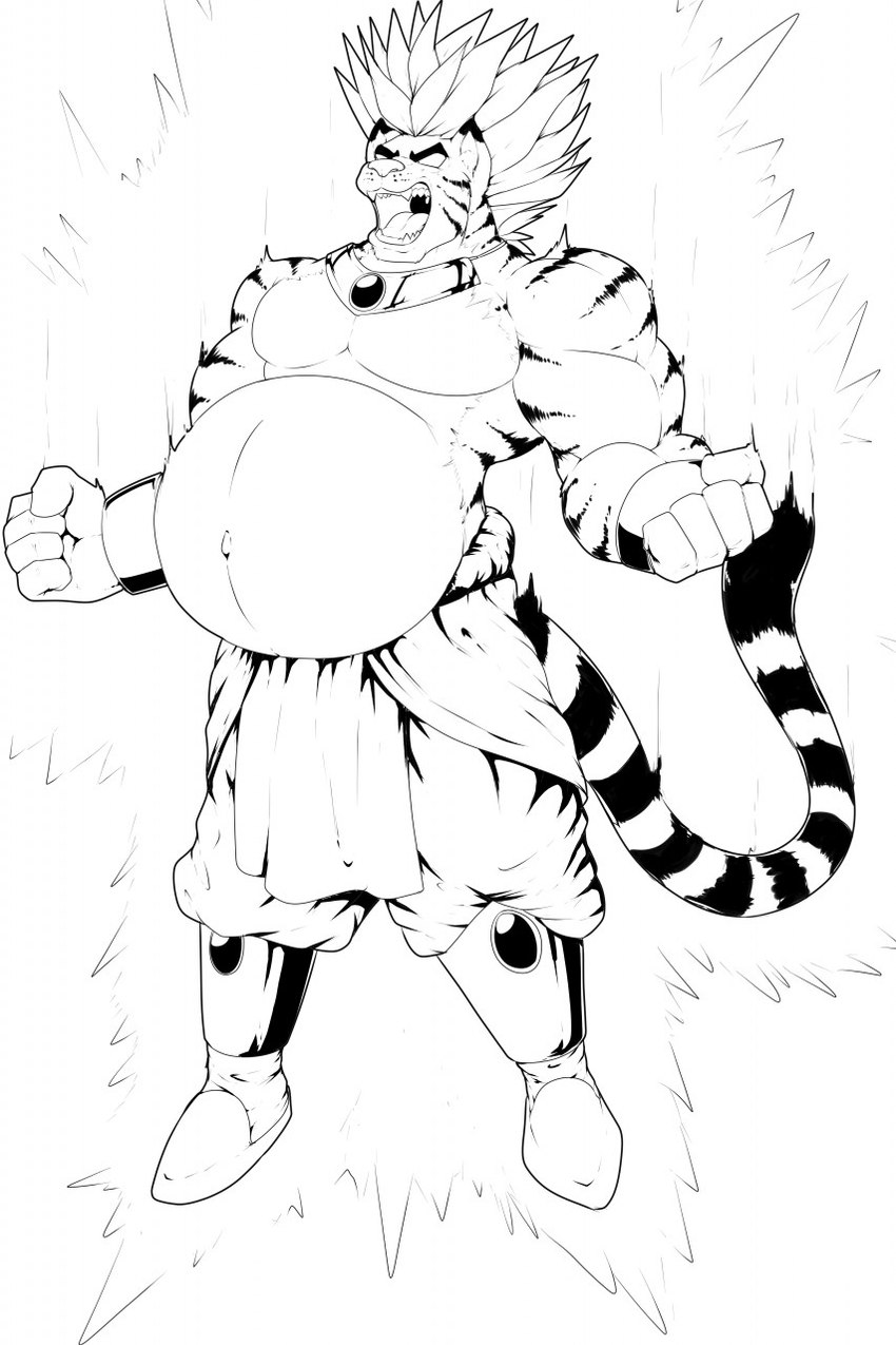 anthro belly big_belly bottomwear clothing footwear jewelry male navel necklace open_mouth pants pregnant pregnant_male shirtless shirtless_male shoes solo super_saiyan teeth tongue uvula wristband pandottermon felid mammal pantherine tiger hi_res monochrome