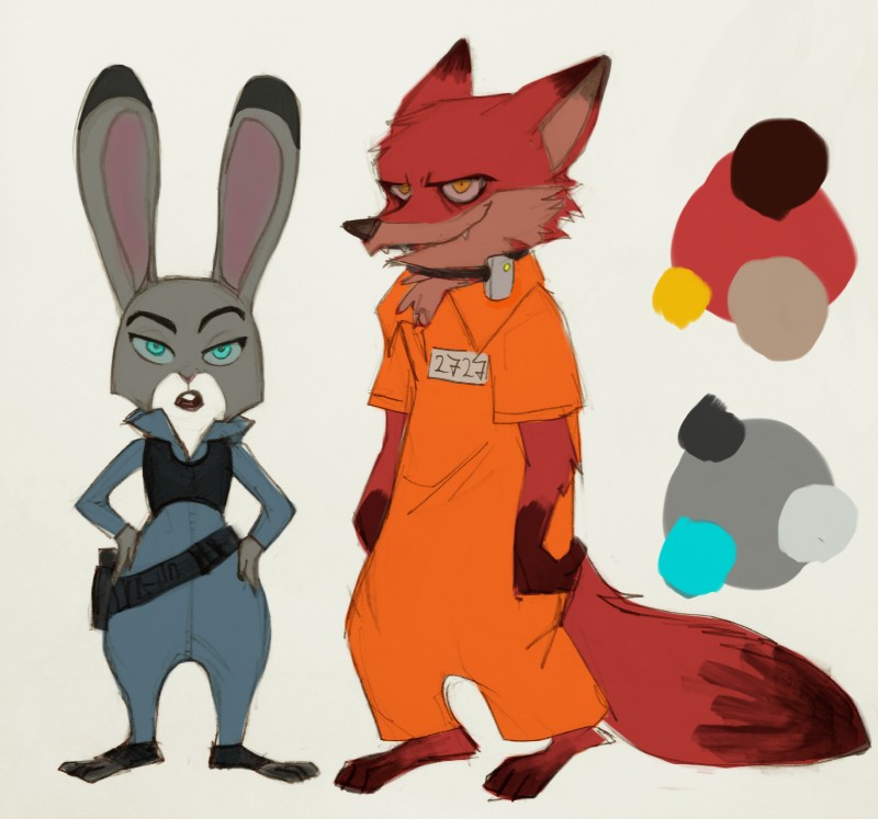 anthro buckteeth clothing collar duo female hand_on_hip inmates_clothing long_ears looking_at_viewer male orange_jumpsuit police police_uniform prison_uniform sharp_teeth shock_collar size_difference teeth uniform nicolaswildes_(artist) disney zistopia zoodystopia zootopia judy_hopps nick_wilde canid canine fox lagomorph leporid mammal rabbit red_fox true_fox 2016 hi_res traditional_media_(artwork)